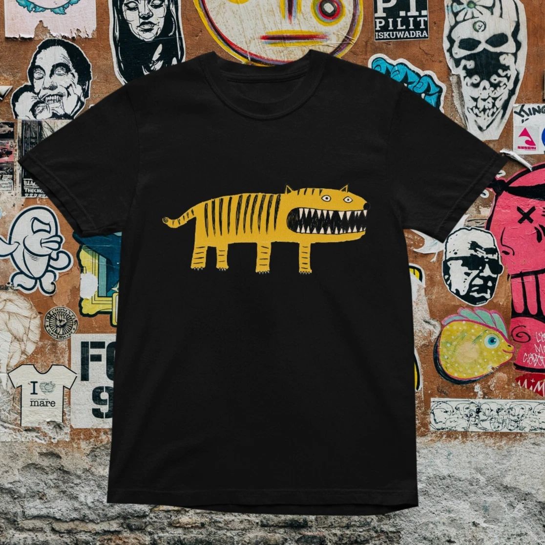 Yellow Tiger Cartoon Graphic Black Funny Teeth Design Street Art Style Unisex