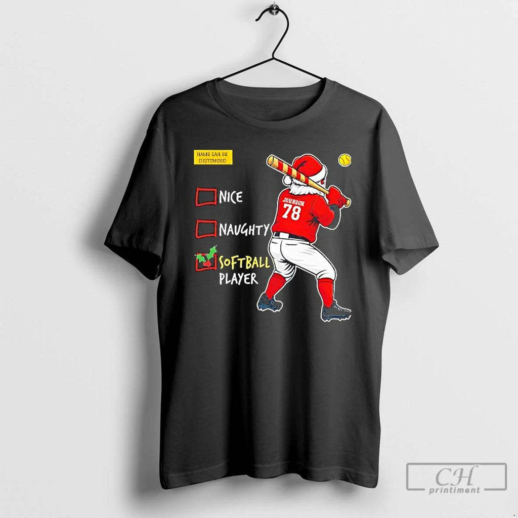 Premium Santa Softball Christmas Naughty Softball Player T Shirts Unisex