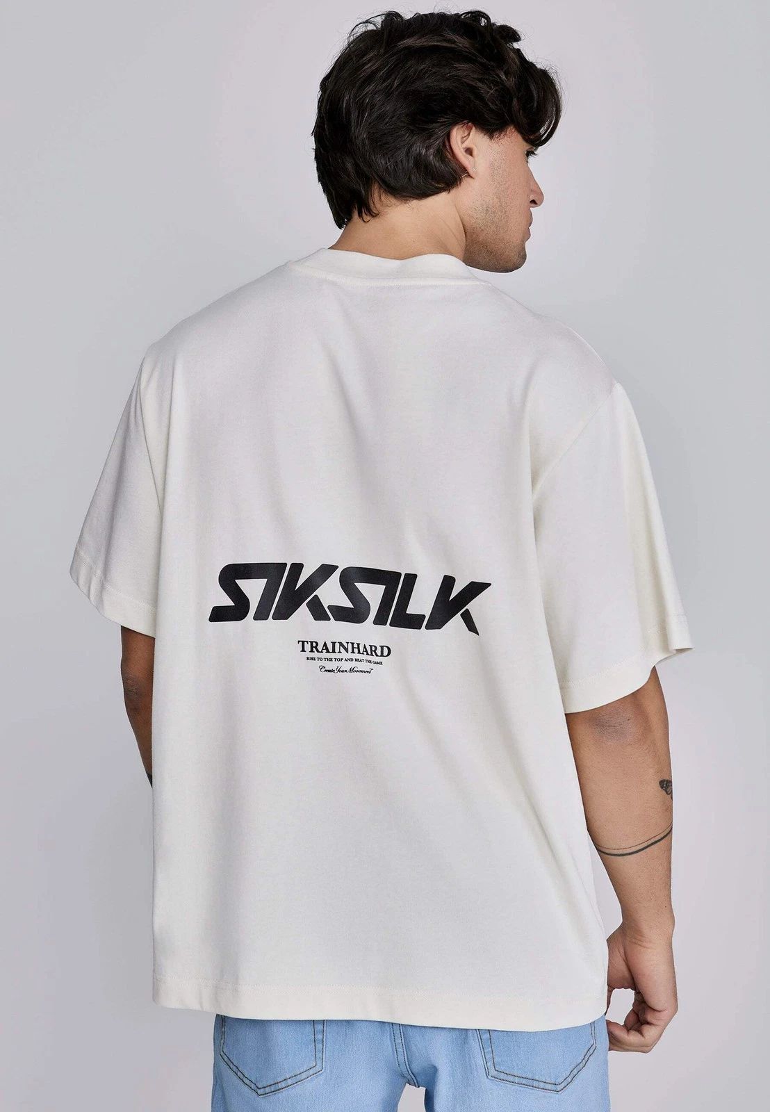 SikSilk Men's Oversized Drop Shoulder Crew Neck Graphic Tee Ecru Unisex