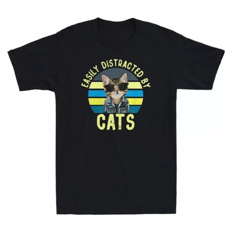 Easly Distracted By Cats Funny Cat Lover Vintage Men's Cotton Black Unisex