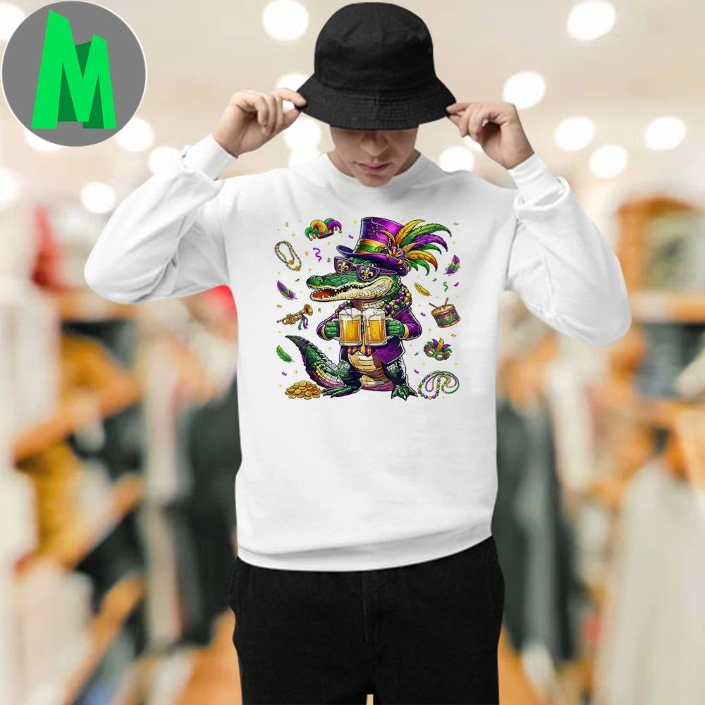 Original Mardi Gras Alligator Drinking Beer Shirts Unisex