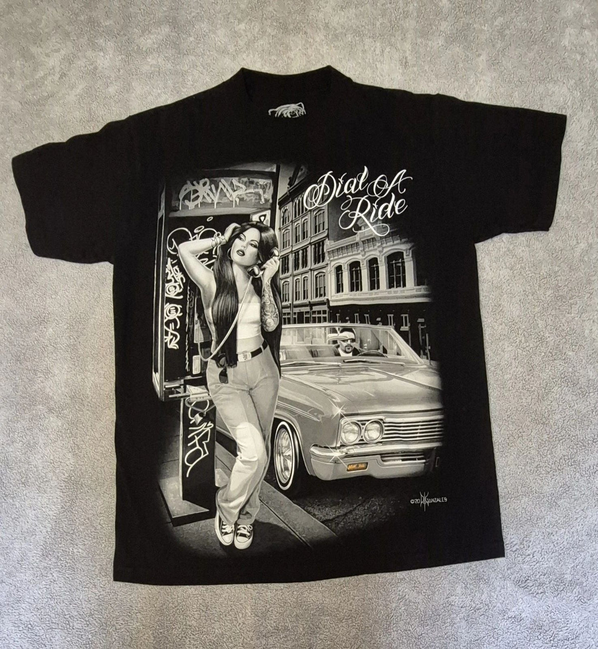 DGA David Gonzales Art Dial A Ride Chicano Black SS Graphic Shirt Men's Large Unisex