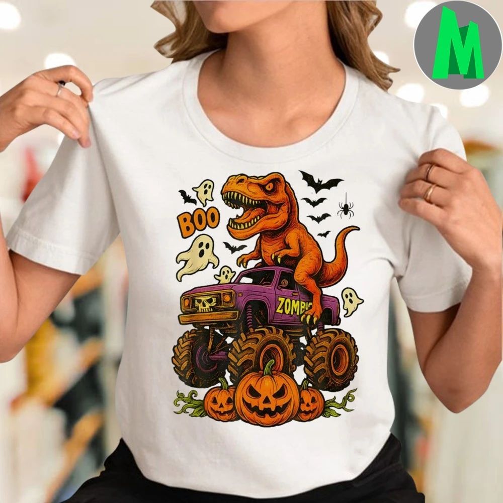 Halloween T Rex Dinosaur Monster Truck Boo Ghost Pumpkin Shirt Unisex