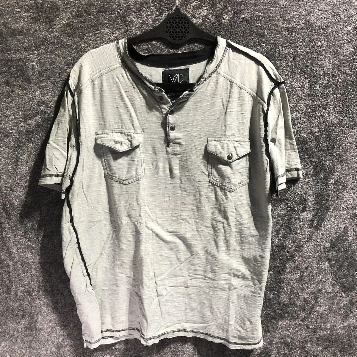 Modern Culture Shirt Mens Large Gray Henley Short Sleeve Double Pocket Casual Unisex