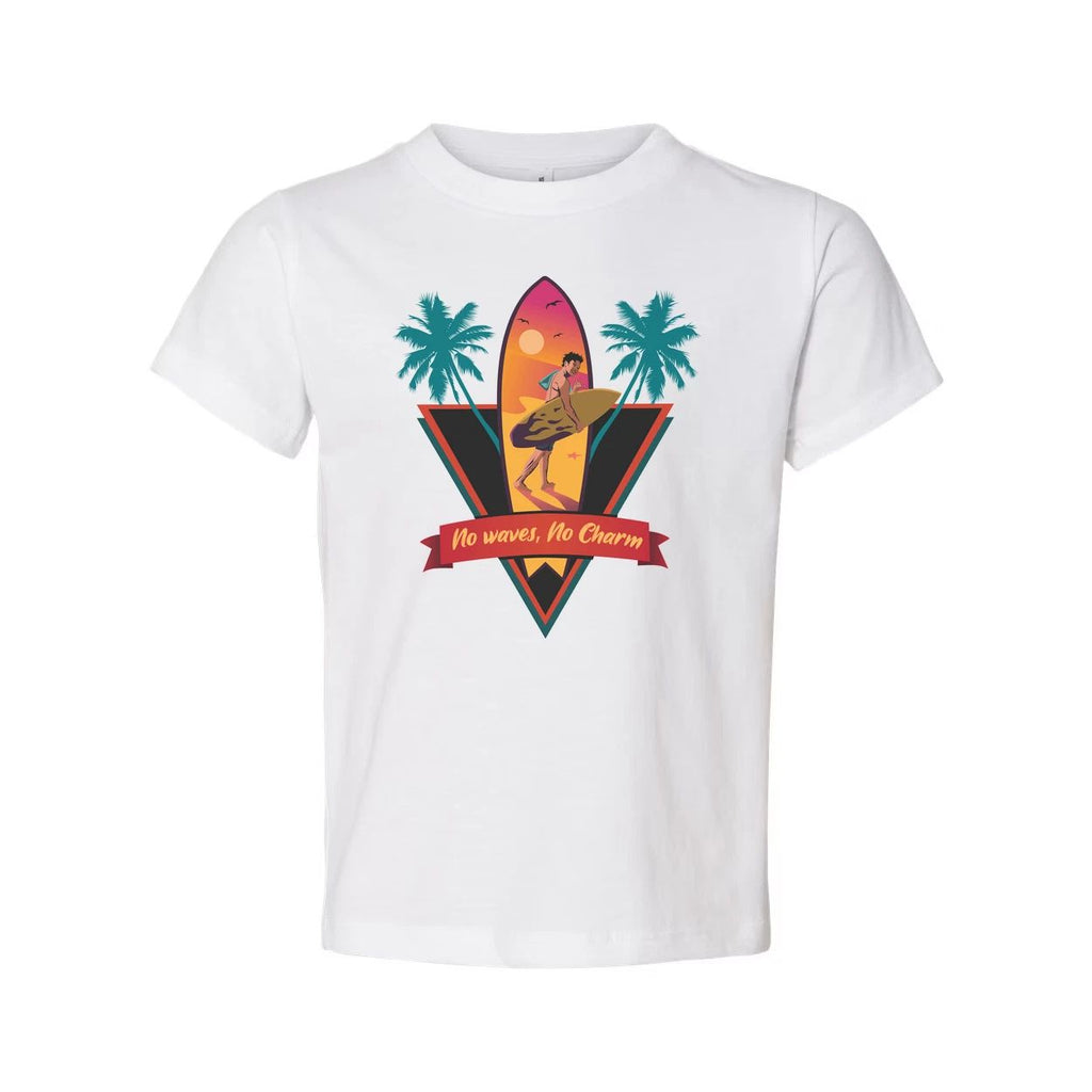 Unisex Surfing Graphic Tee With Sunset Surfer, Palm Trees And No Waves, No Charm Unisex
