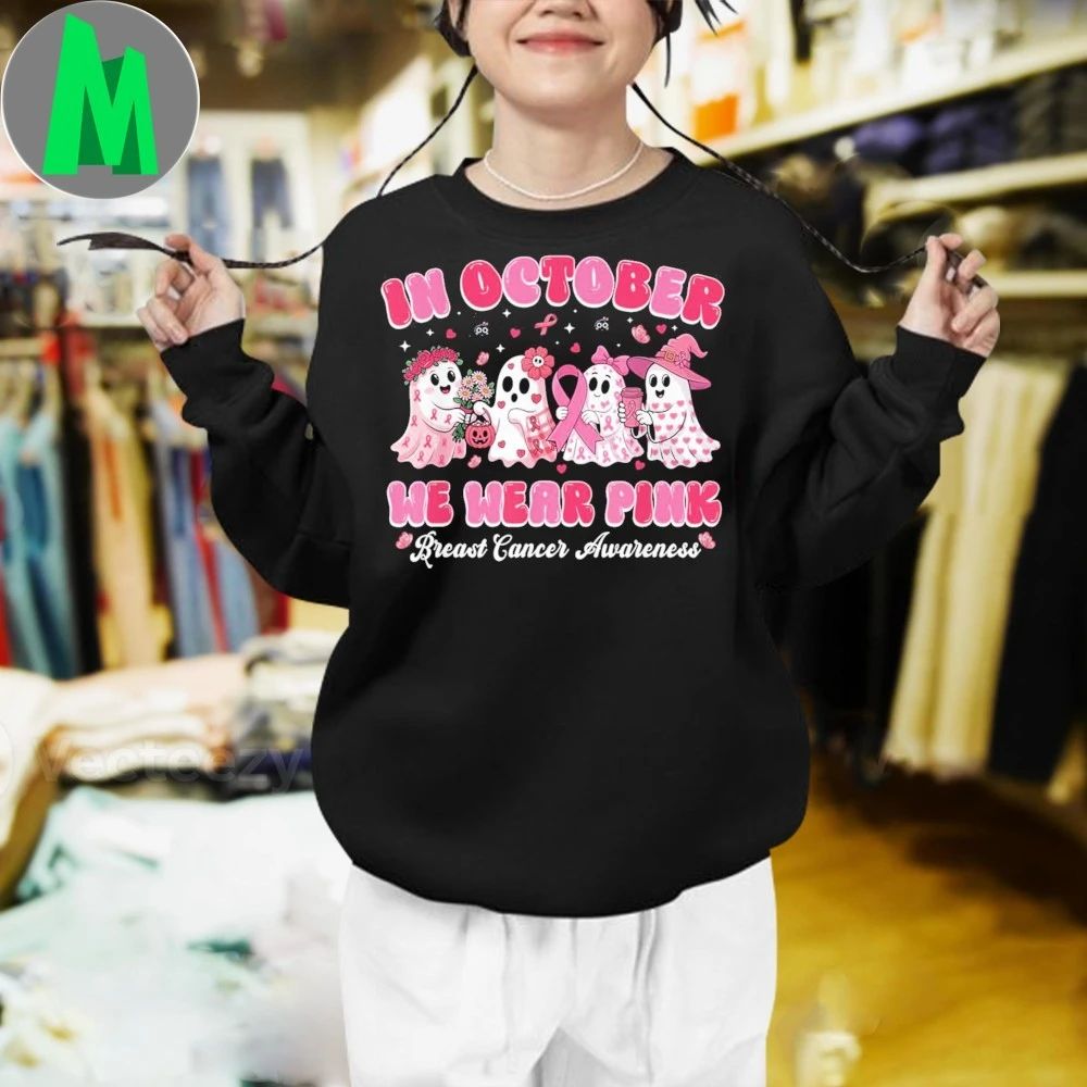In October We Wear Pink Ghost Breast Cancer Halloween Shirt Unisex