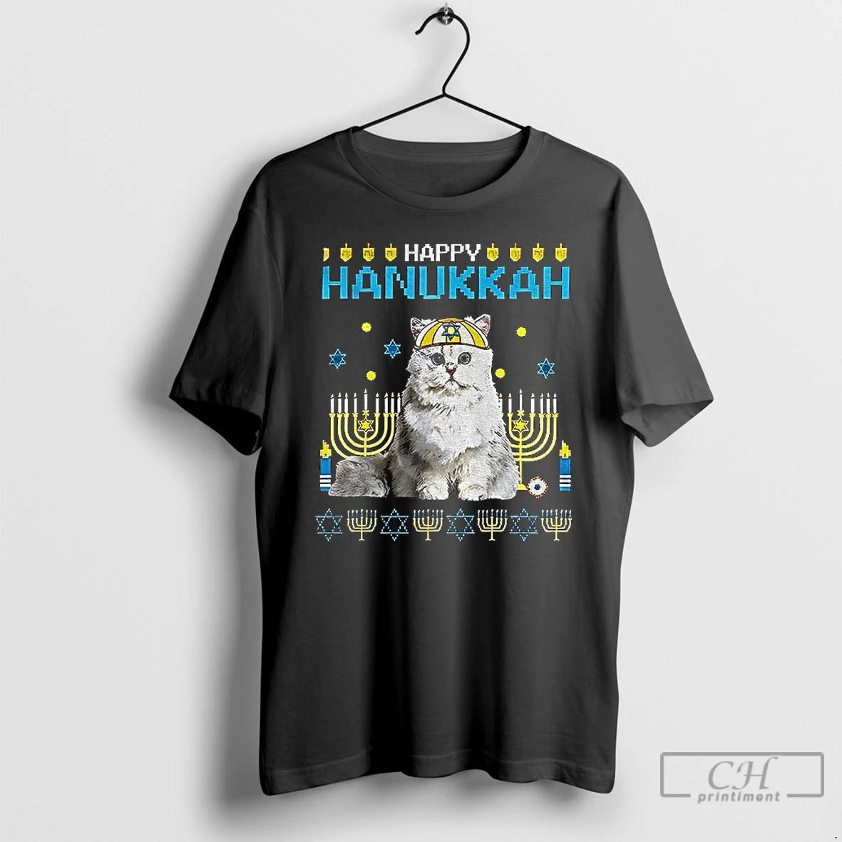Premium Happy Hanukkah Cat Menorah Jewish Holiday T Shirts Unisex