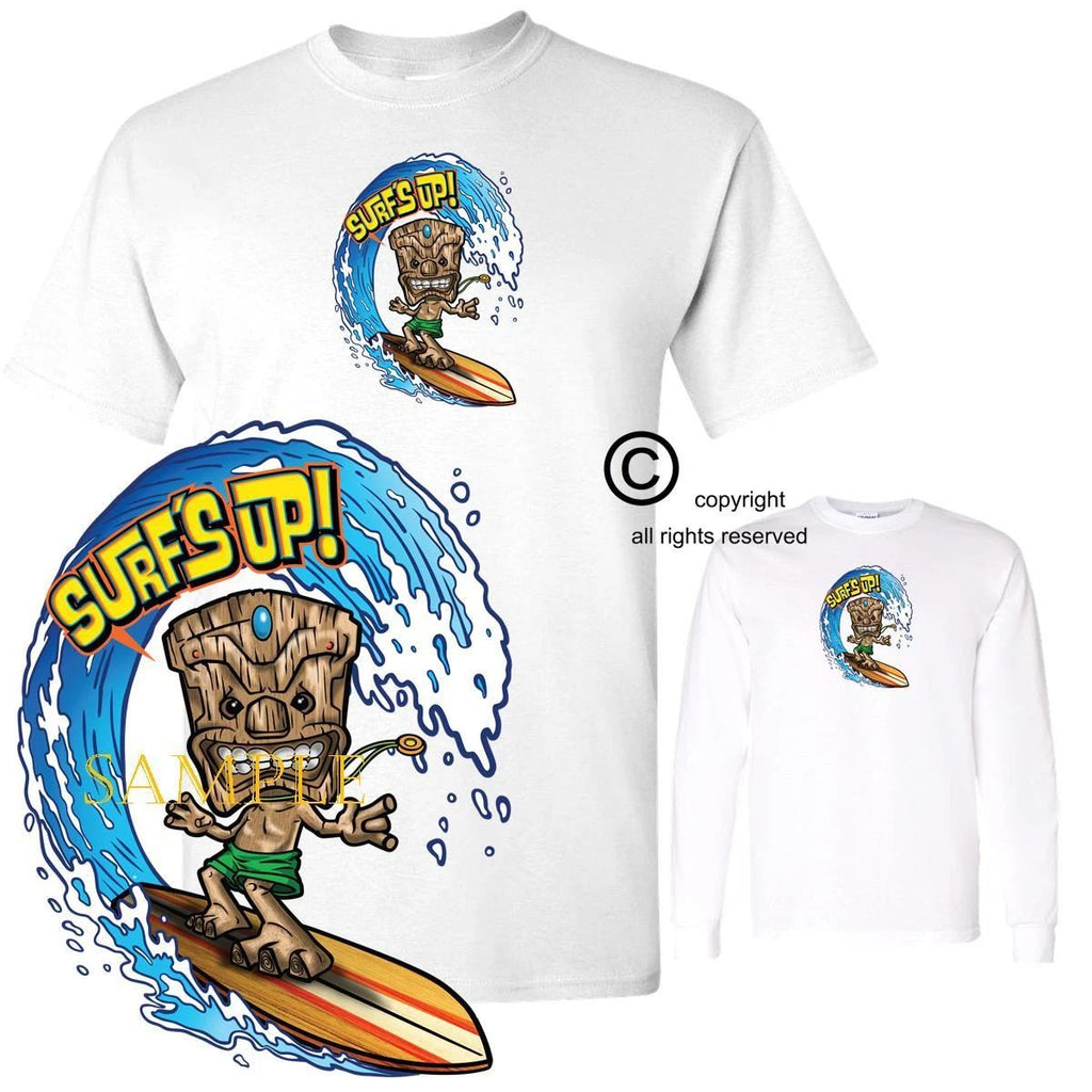 Surf's Up Tiki Totem Pole Cartoon Character Surf Board Water Surfing T Shirt Unisex