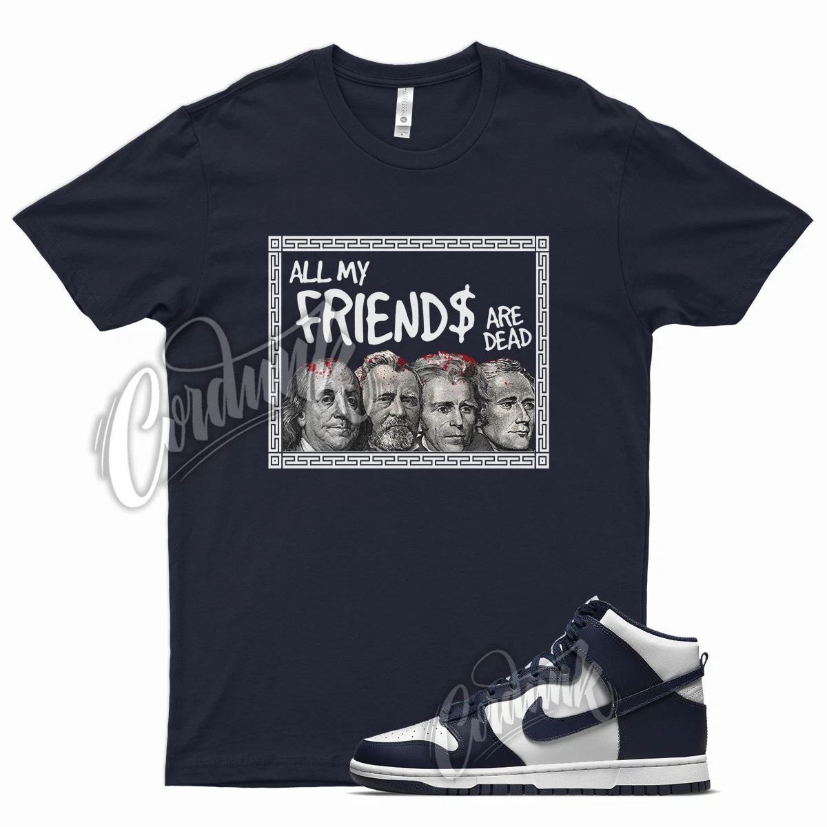 Navy FRIENDS T Shirt for N Dunk High Midnight Navy Dark Blue White Obsidian Unisex