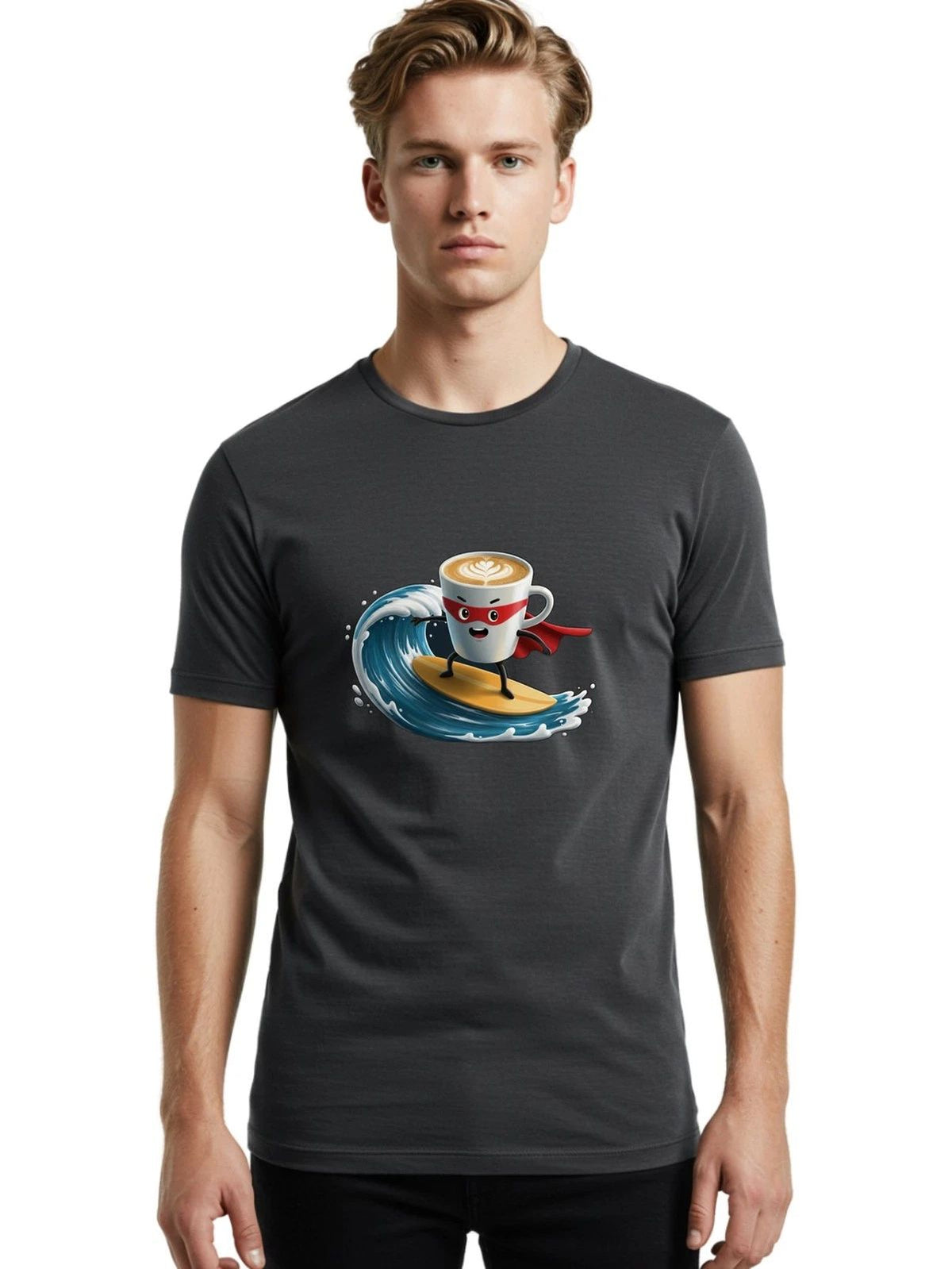 Coffee-Cup-Surfing-Hero Mens Graphic Tee, 100% Cotton, Casual Summer Wear Unisex