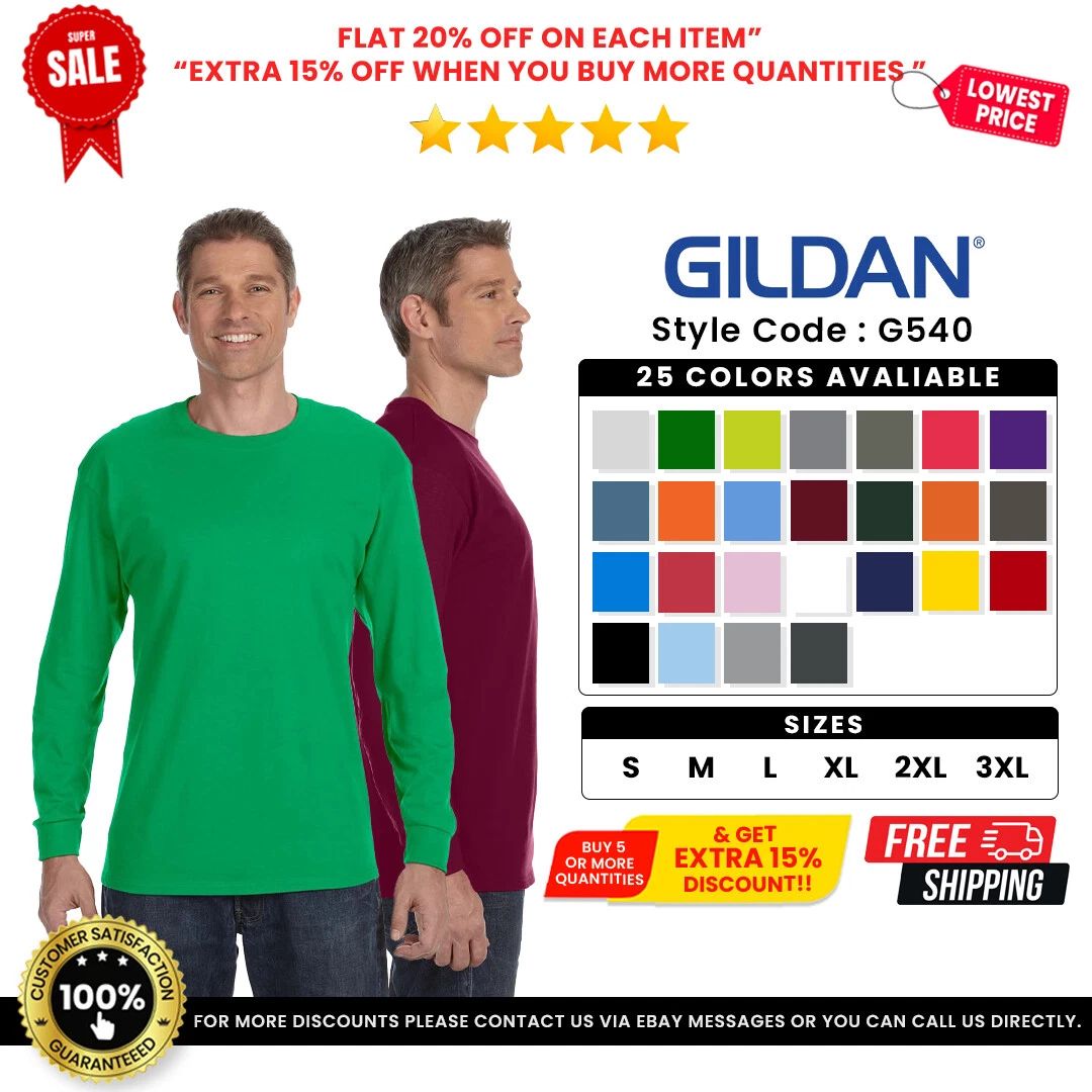 Gildan G540 Men's Heavy Cotton Preshrunk T Shirt Long Sleeve Crew Neck Unisex