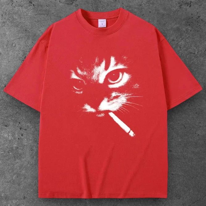 Unisex Cat Cigarette Oversized T Shirt Red Y2K Casual Streetwear S-2XL Unisex