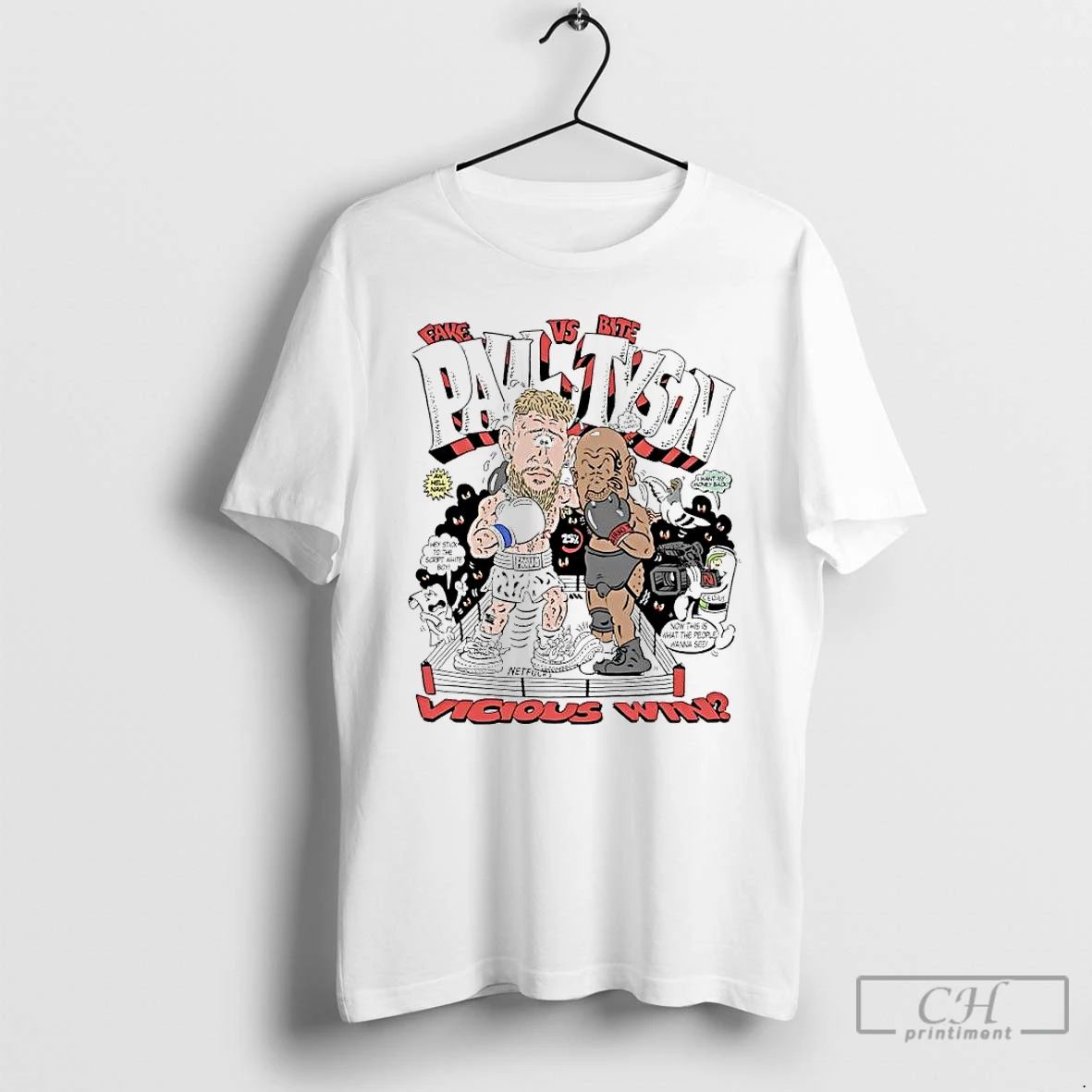 Premium Fake Paul Vs Bite Tyson Vicious Win Boxing Caricature T Shirts Unisex