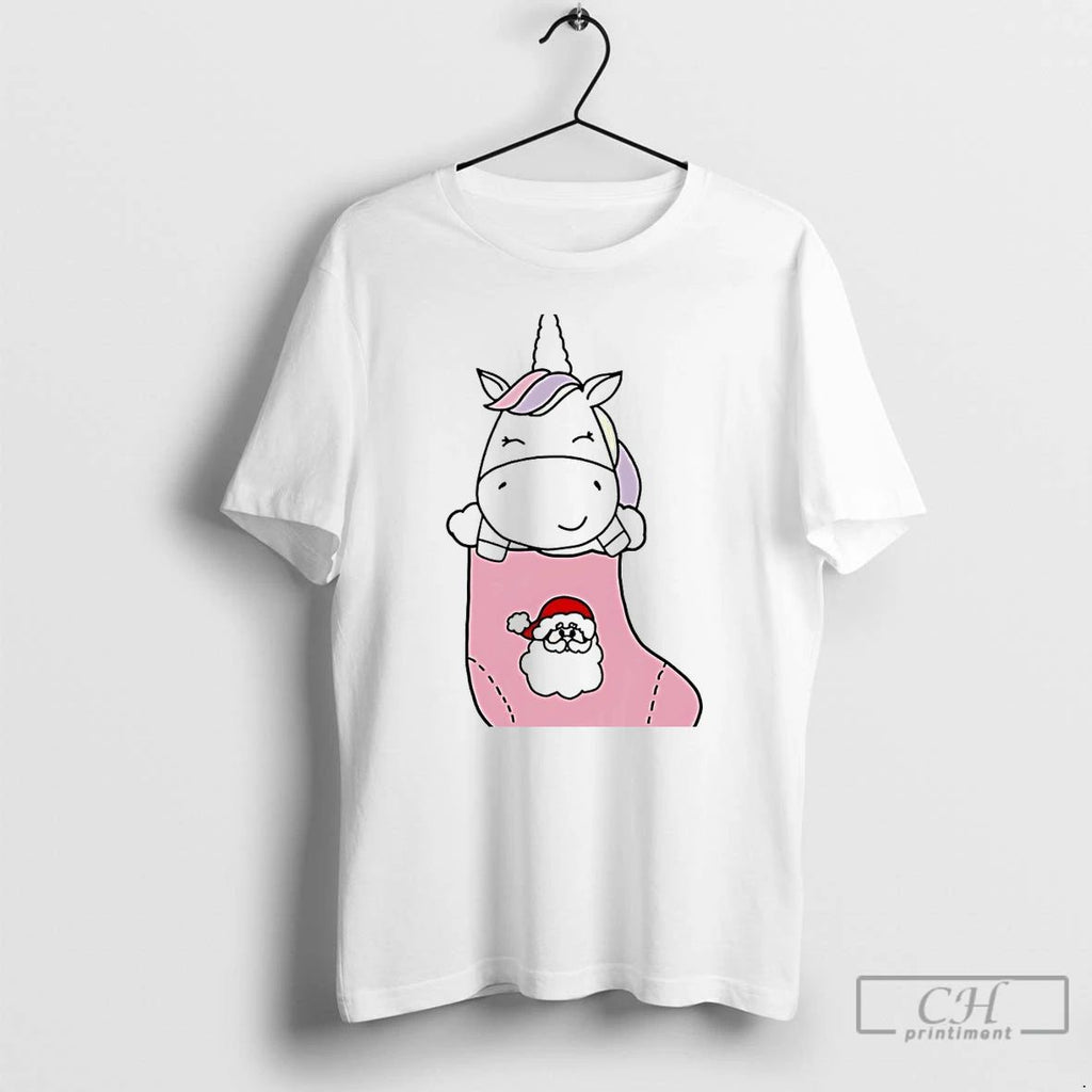 Classic Unicorn In Santa Christmas Stocking Cute Holiday White T Shirts Unisex