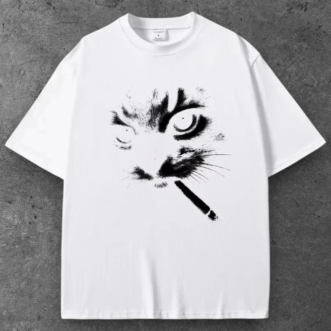 Unisex Cat Smoking Cigarette Oversized T Shirt White Y2K Casual Streetwear S-2XL Unisex
