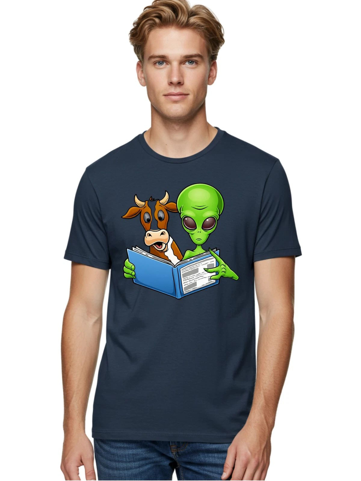Alien-Reading-1 Mens Graphic Tee, 100% Cotton, Casual Summer Wear Unisex