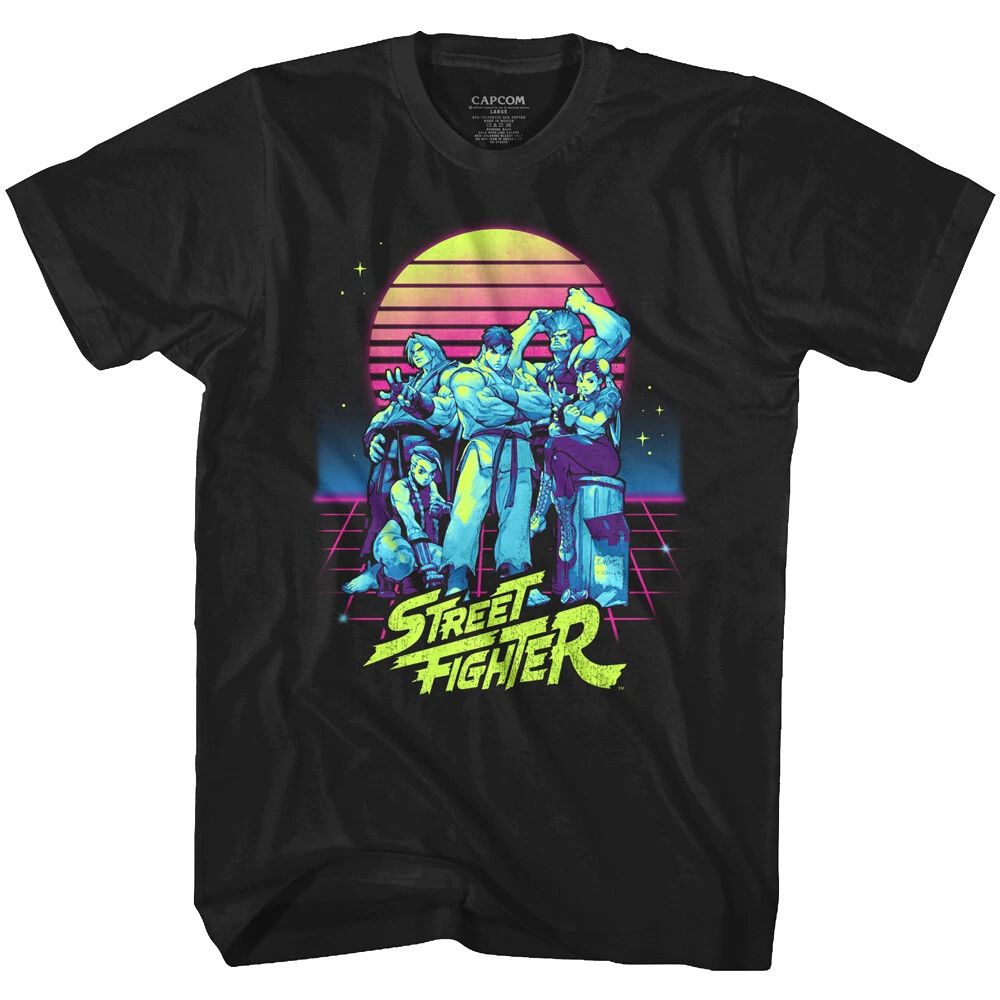 Street Fighter Neon Sunset Men's T Shirt Synthwave Guile Cammy Chun-Li Gamer Cap Unisex