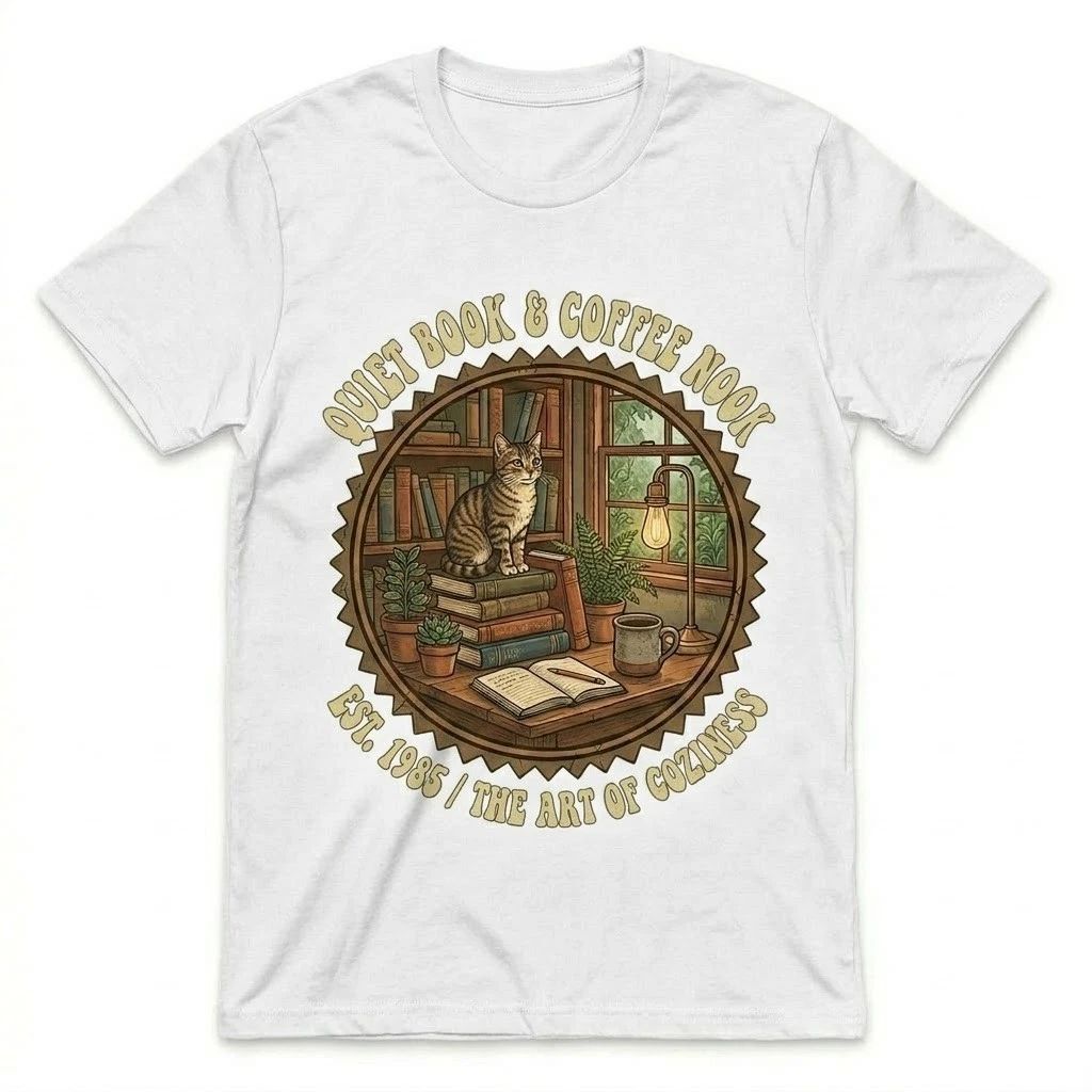 Quiet Book & Coffee Nook Cat Vintage Reading Cozy Bookworm Gift White Te Unisex