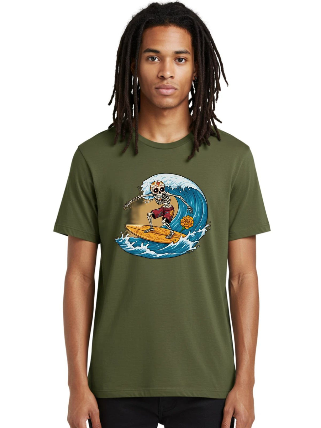 Skeleton-Surfer Mens Graphic Tee, 100% Cotton, Casual Summer Wear Unisex