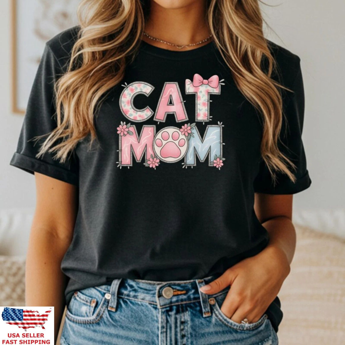 Cat Mom Shirt Cute Paw Floral Graphic Tee Gift For Cat Lovers Women Unisex Unisex