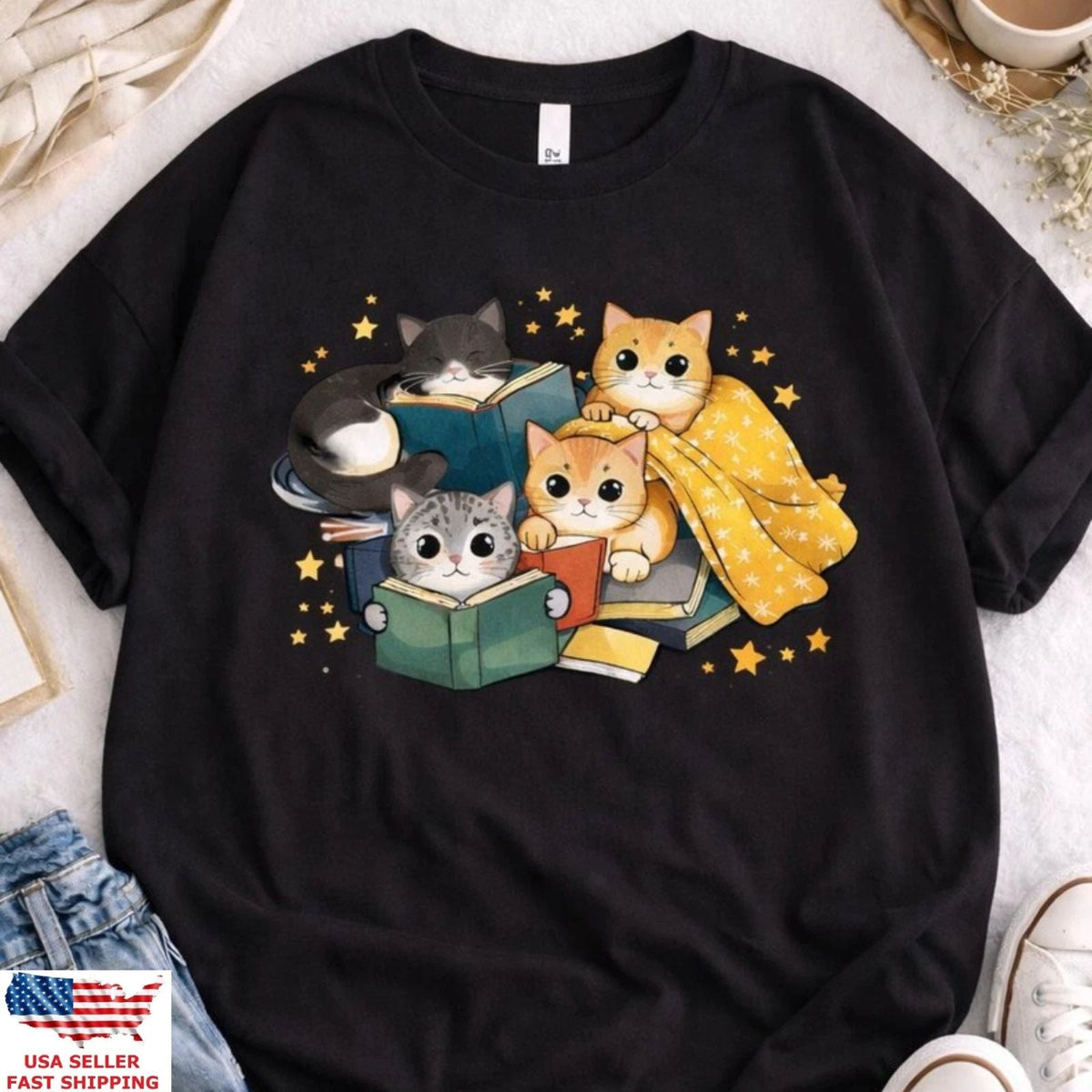 Cute Reading Cats Book Lover Cat Graphic Cozy Kitten Tee Gift Unisex