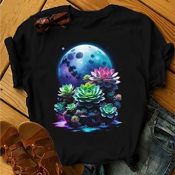 Sci-Fi Succulents with Moon Garden Plant Graphic Tee Top Gift Idea Dad Unisex