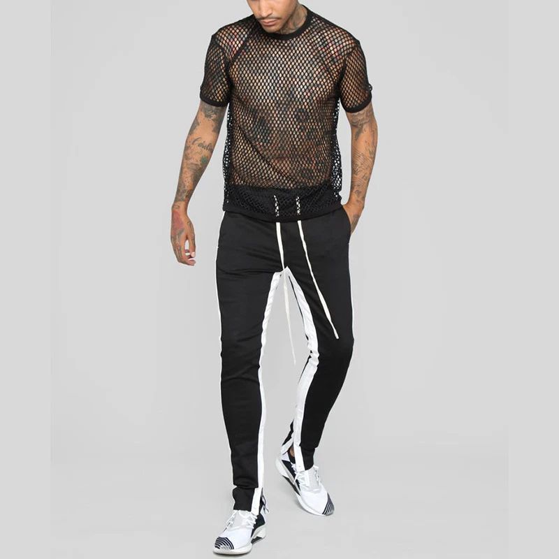 Men Grid Round Neck Hollow Loose Short Sleeve Unisex