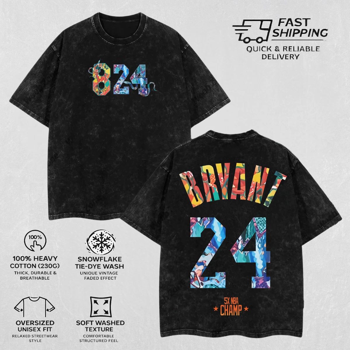 Retro Kobe Bryant Acid Washed Heavy Cotton Graphic Tee Basketball Top Unisex