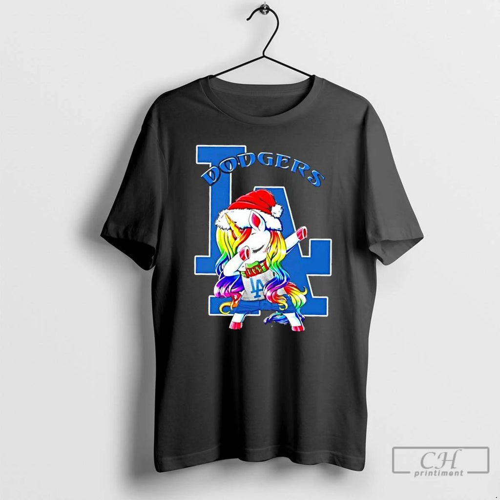 Classic Los Angeles Dodgers X Unicorn Santa Hat Dabbing Merry Christmas T Shirts Unisex