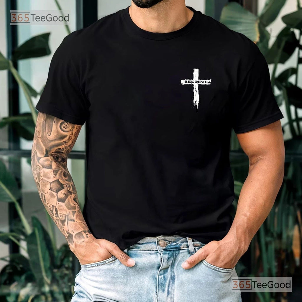 Christian Cross Believe Graphic Tee, Religious Faith Modern Shirt For Men Unisex