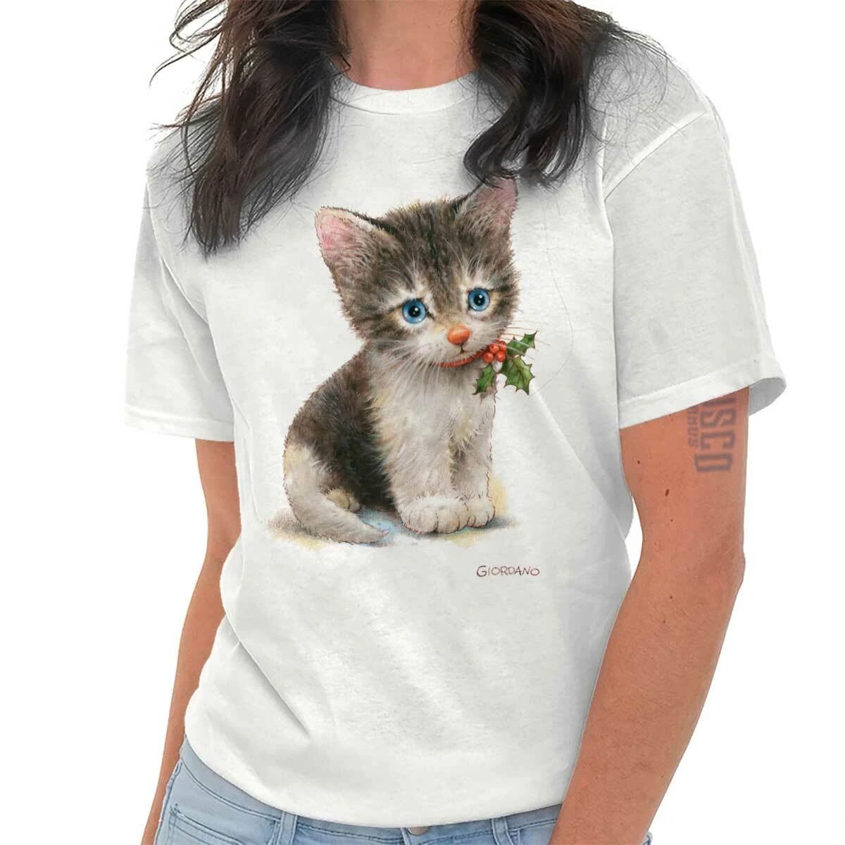 Cute Christmas Kitten Mistletoe Xmas Cat Womens Graphic Crewneck T Shirt Tee Unisex