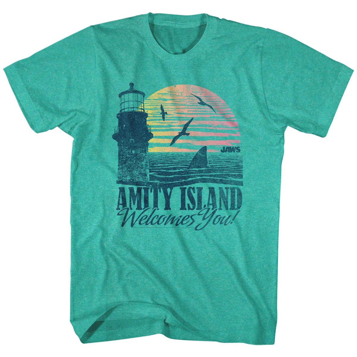 Jaws Vintage Amity Island Welcome Postcard Men's T Shirt Sunset Green Heather Unisex