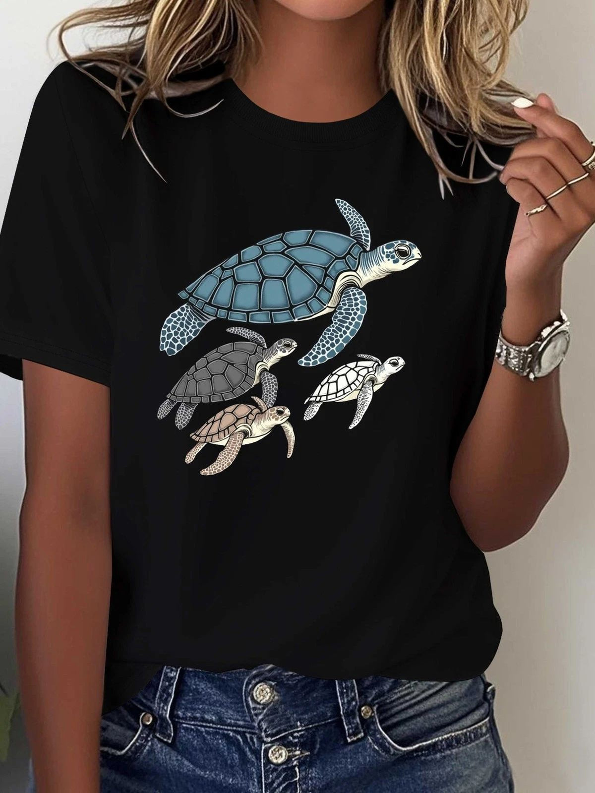 Unisex Turtle Family Print Casual Summer Top for Men and Women Turtle Unisex