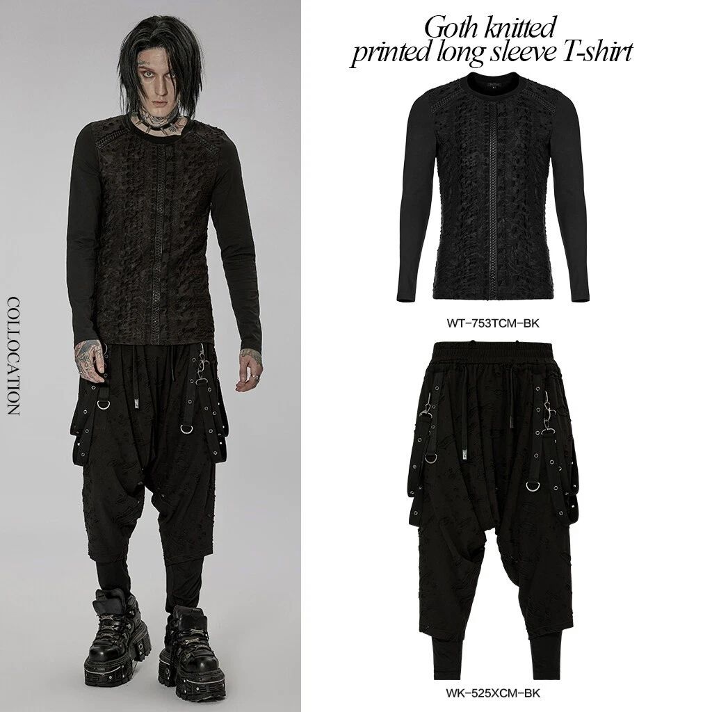 Punk Rave Gothic Knitted Printed Long Sleeve Men Simple Casual Slim Tops Unisex