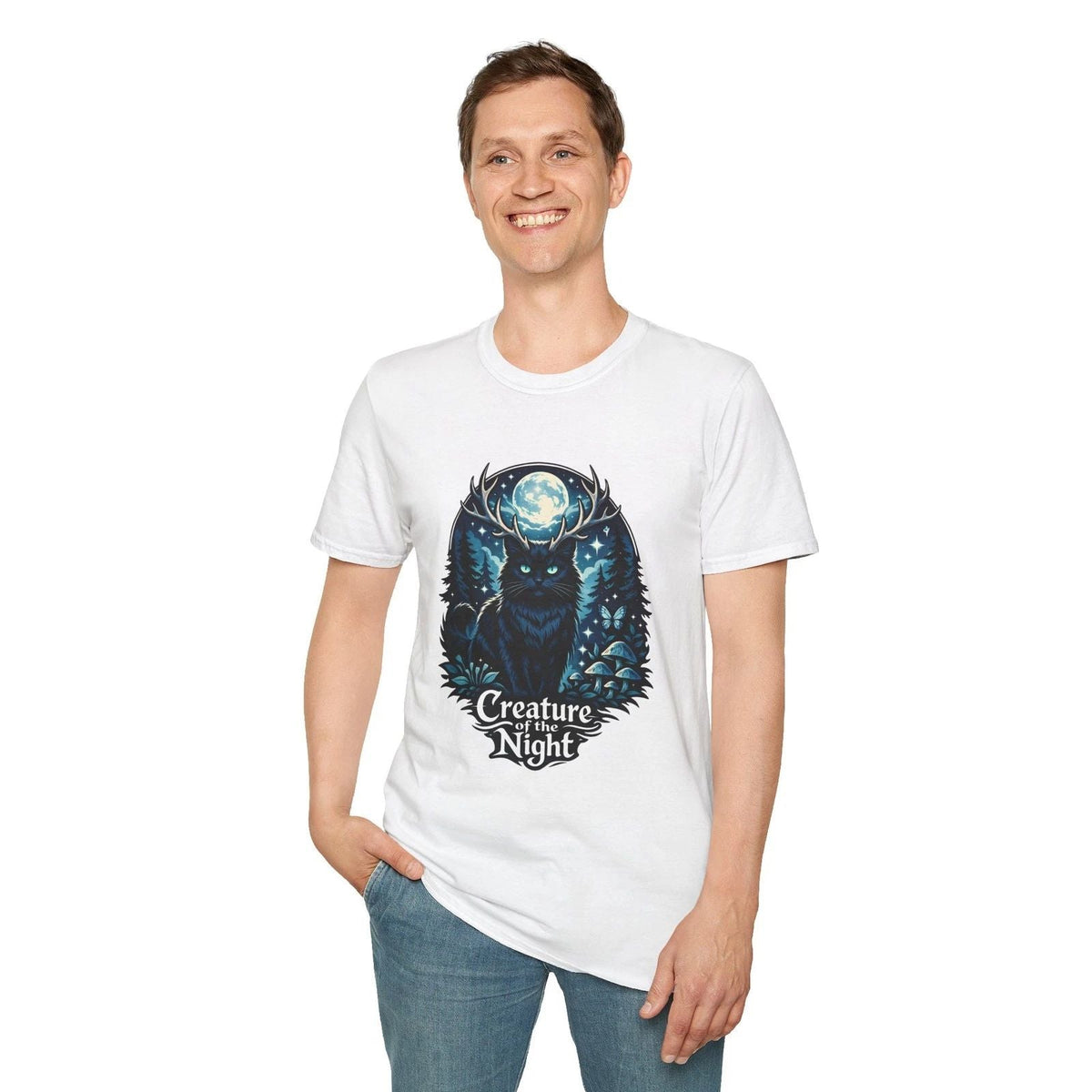 Cat Antlers Moon Mystical Forest Fantasy Gothic Unisex Softstyle Unisex