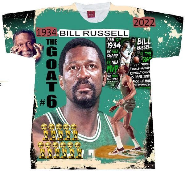 BILL RUSSELL ALL OVER PRINT. BASKETBALL TEE. BOSTON LEGEND Unisex