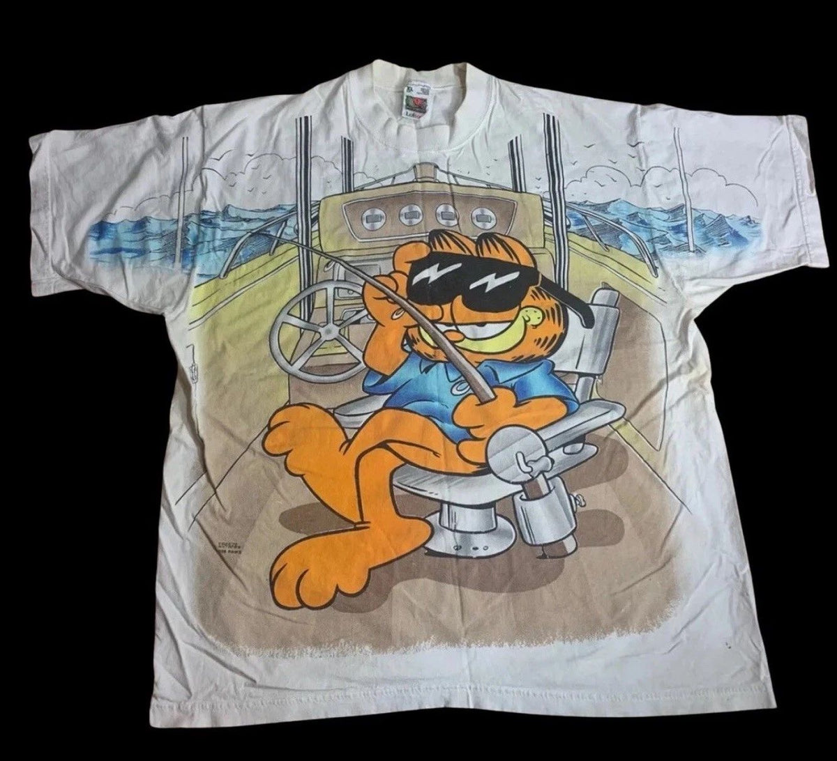VTG 90’s Garfield The Cat Boat Fishing Odie Paws Double sided T Shirt Size XL Unisex