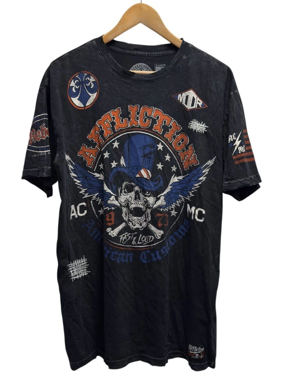 Affliction Mens XL American Customs Live Fast Skull Crossbones Black USA Unisex