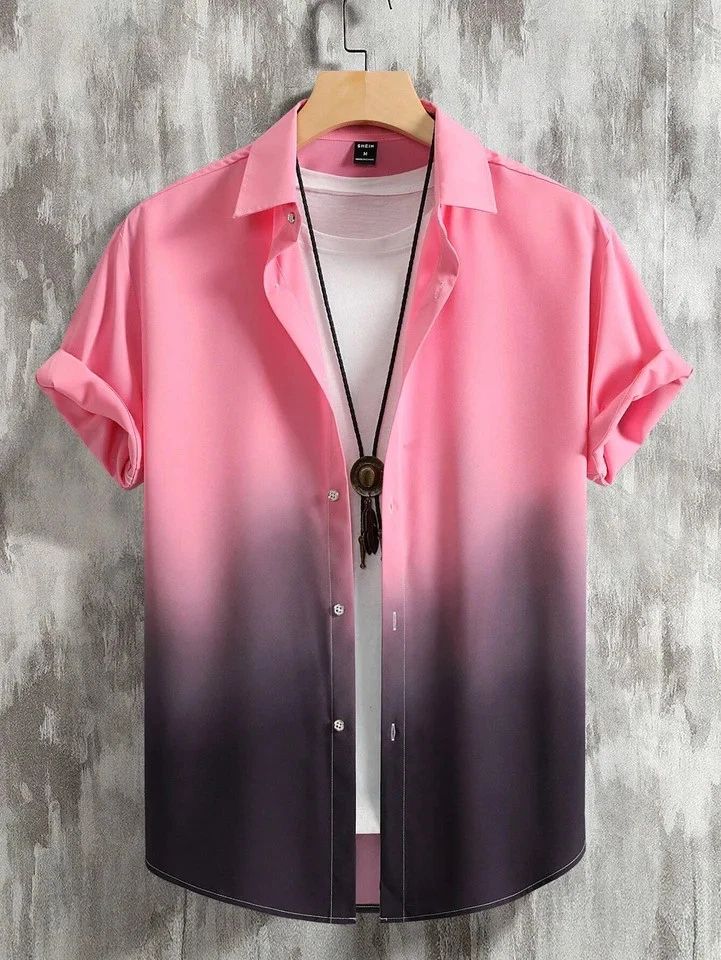Men Hawaiian Shirt Gradient 3D Print Short Sleeve Streetwear Loose Fit Casual Unisex