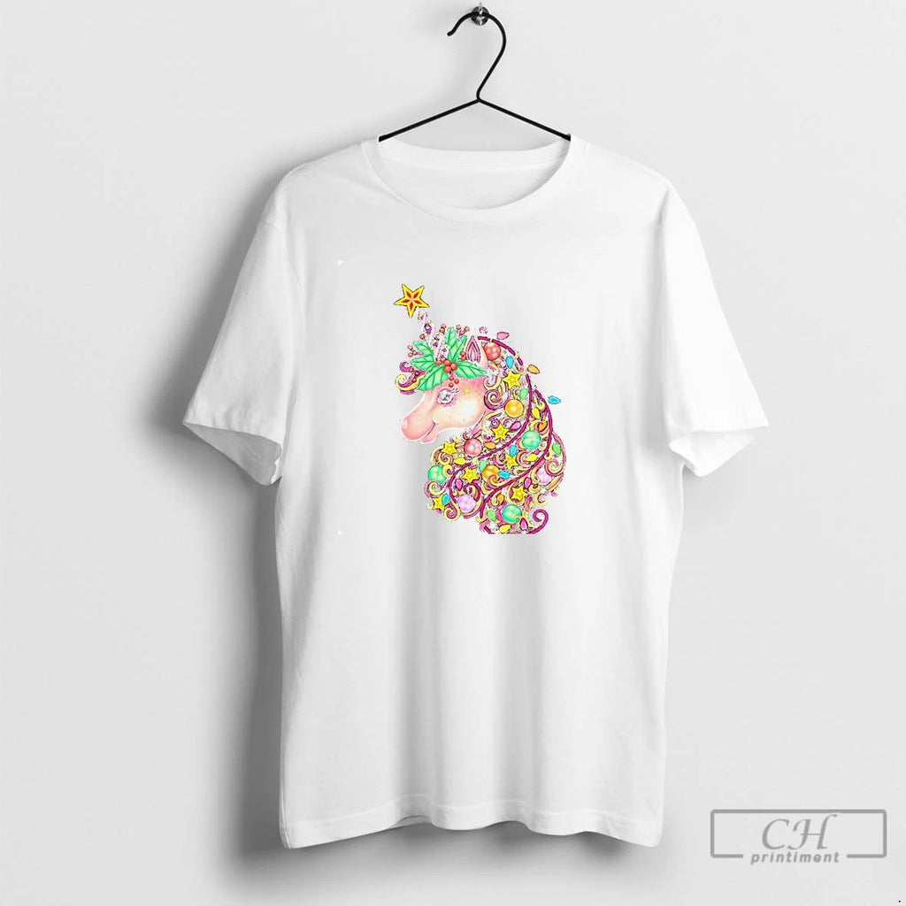 Classic Colorful Lights Unicorn Christmas Magic Hair T Shirts Unisex