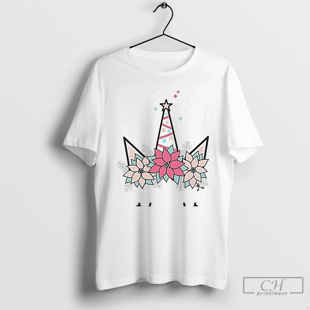 Classic Minimalist Unicorn Floral Christmas Horn White T Shirts Unisex