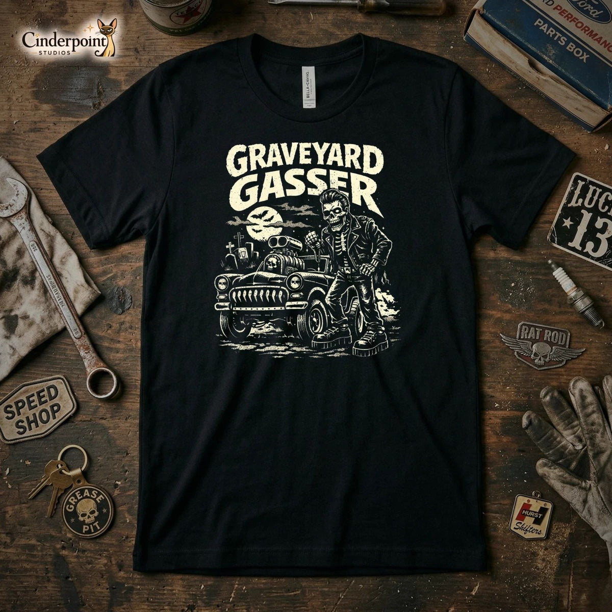 Graveyard Gasser Retro Horror Car Graphic Tee Psychobilly Goth XS-5X BLK Unisex