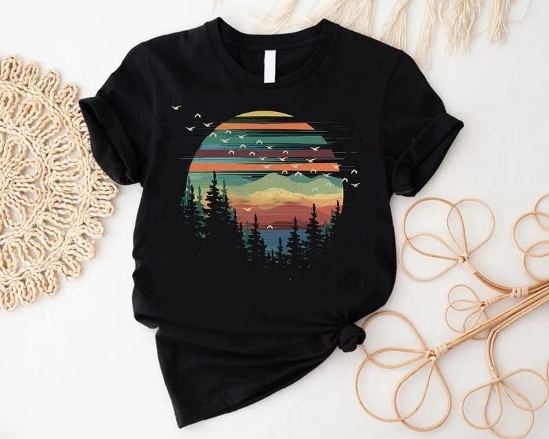 Retro Forest Sunset Shirt Nature Lover Vintage Outdoor Tee Unisex