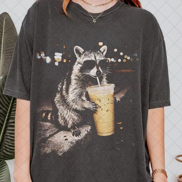 Raccoon Drinking Iced Coffee Shirt, Funny Animal Meme Tee, Coffee Lover Raccoon Unisex