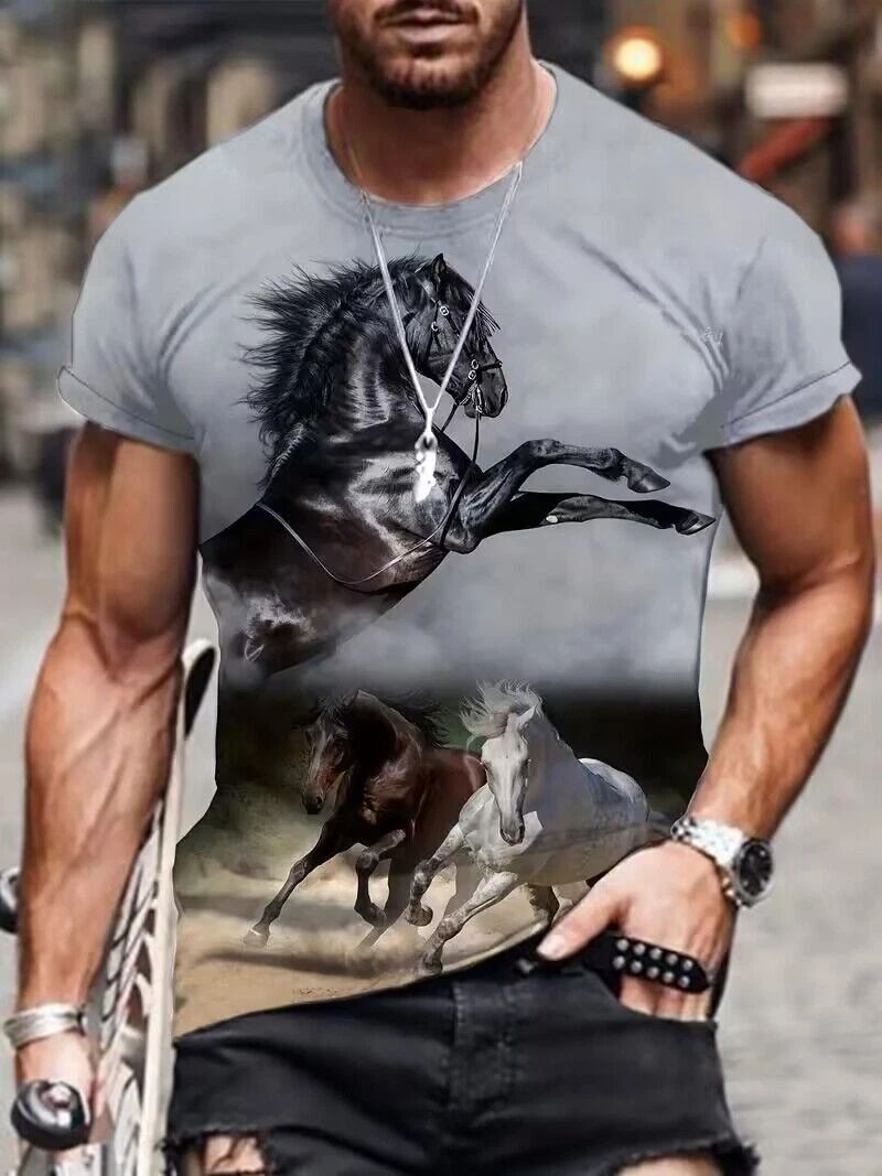 Men T Shirt Fashion Galloping horse Casual Short Gray Sleeve Novelty Trendy Tee Unisex