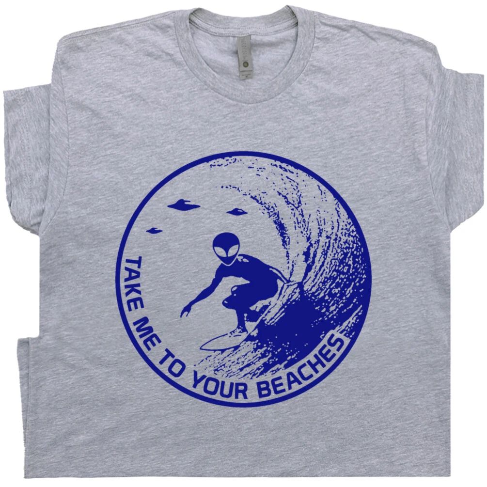 Surfing Alien T Shirt Cool Surf Tee Shirts Vintage Retro UFO Surfer Tshirt Unisex