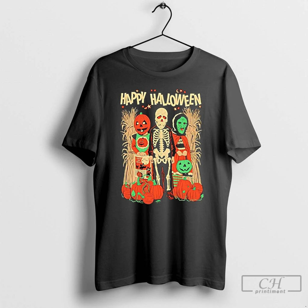 Classic Happy Halloween Trio Skeleton Pumpkin Trick Or Treat T Shirts Unisex