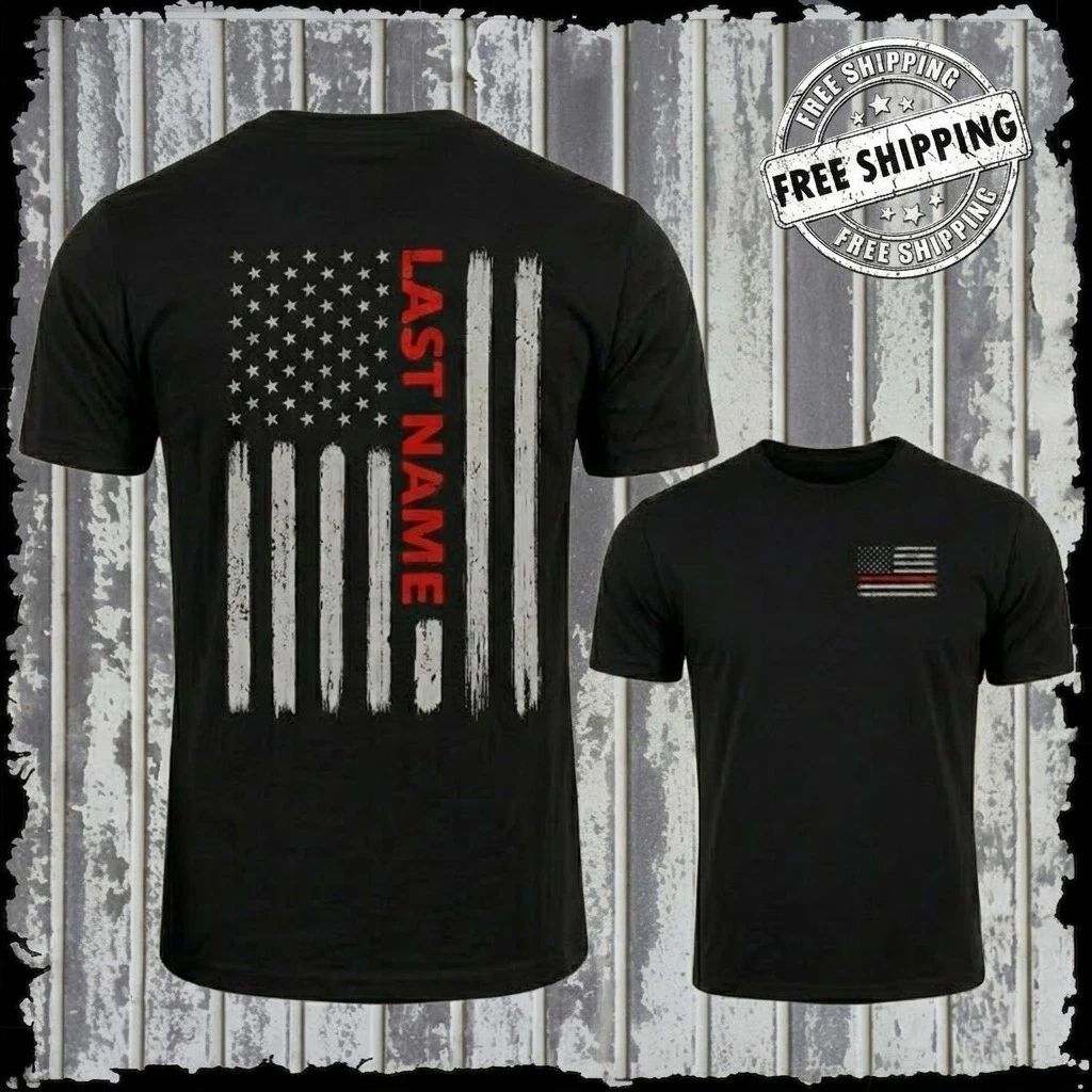 Custom Last Name Thin Red Line Firefighter Vertical Flag Men Unisex