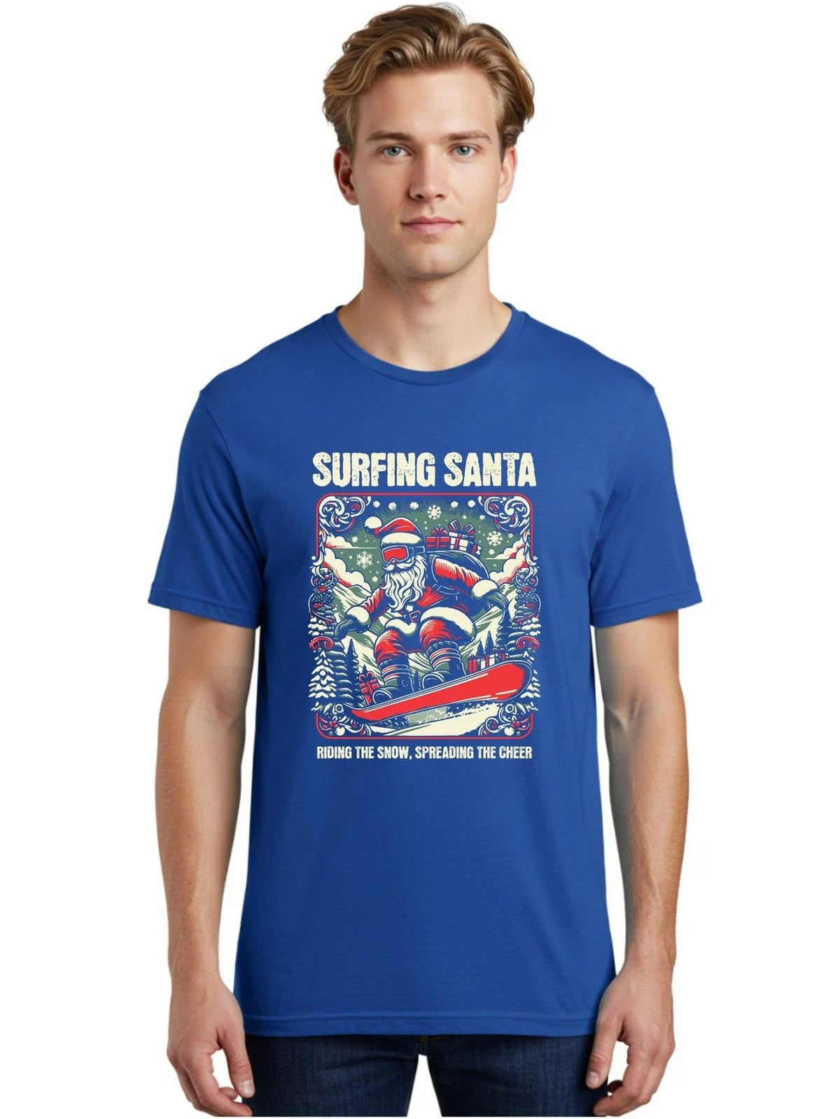Surfing-Santa Mens Graphic Tee,100% Cotton,Casual Summer Wear Unisex