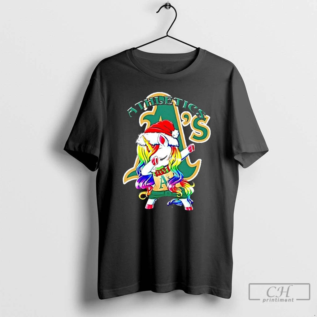 Classic Oakland Athletics X Unicorn Santa Hat Dabbing Merry Christmas T Shirts Unisex